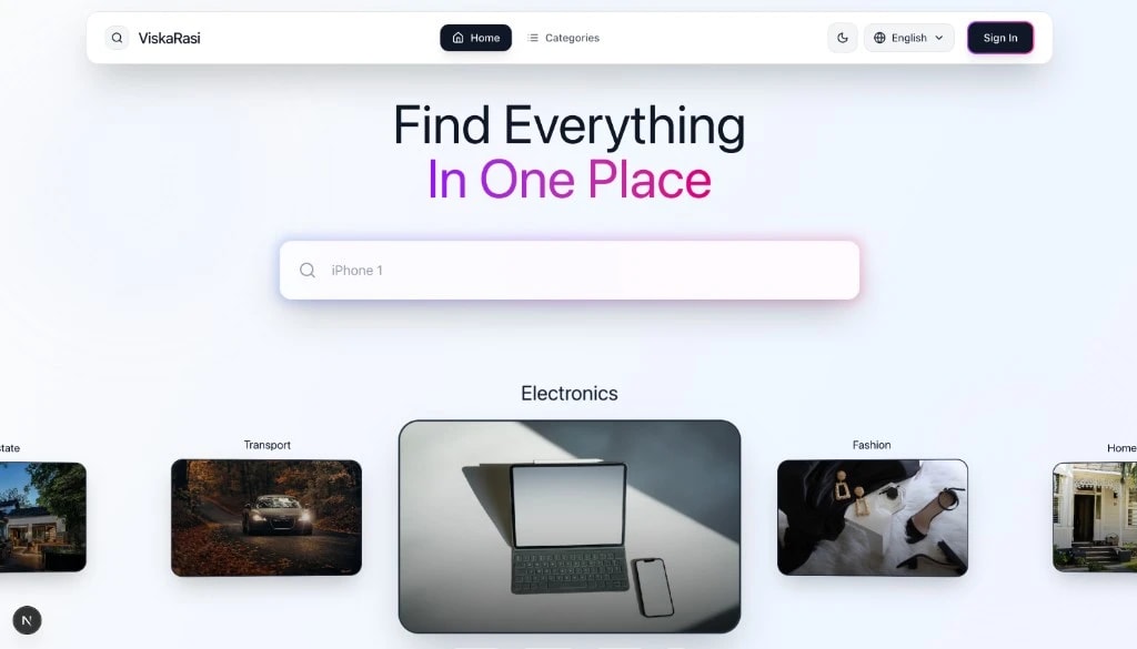ViskaRasi — liquid-glass marketplace homepage with search and category carousel